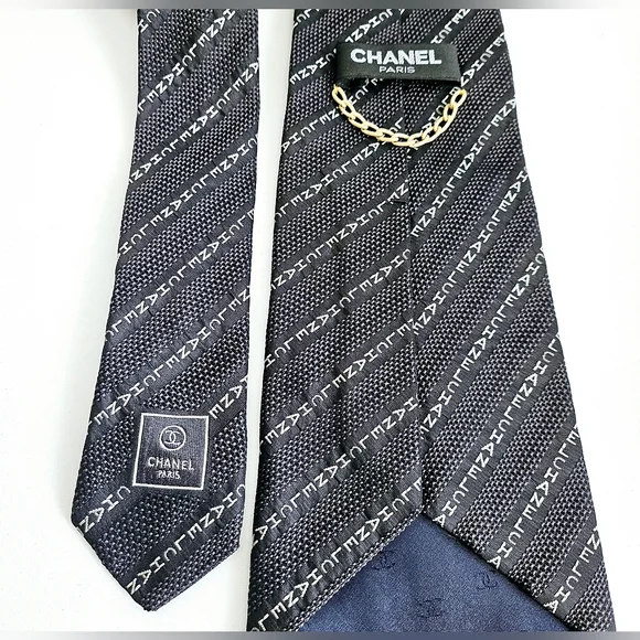 Chanel Black Woven Silk Neck Tie - Picture 2 of 6